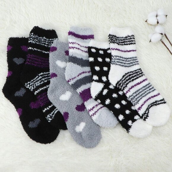 Plush Slipper Socks Women Colorful Warm Fuzzy Crew Socks Cozy Soft Purple Black - Picture 2 of 7